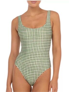 Peony Green Checked Scoop Neck One-Piece Swimsuit Bathing Suit Size 8 Small